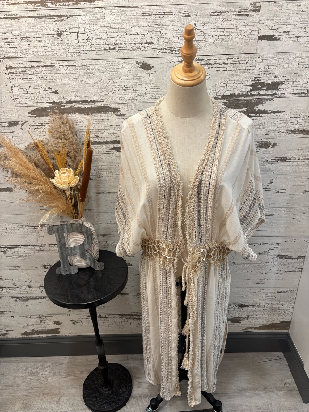 POL New Beige and Cream Striped Fringe Kimono